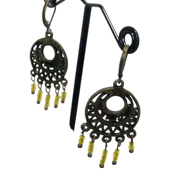 Vintage Yellow Seed Bead Copper Tone Drop Dangle Pierced Chandelier Earrings - Picture 4 of 8